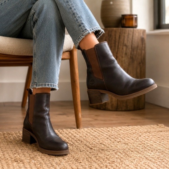 Timberland Shoes - Timberland Womens 7.5 Brown Leather Chelsea Ankle Boots Block Heel ReBOTL Casual